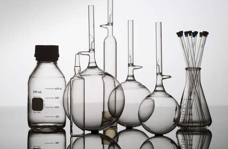 Glass laboratory flasks and beakers for science researchの写真素材