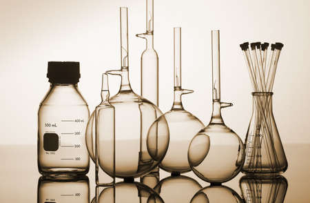 Glass laboratory flasks and beakers for science researchの写真素材