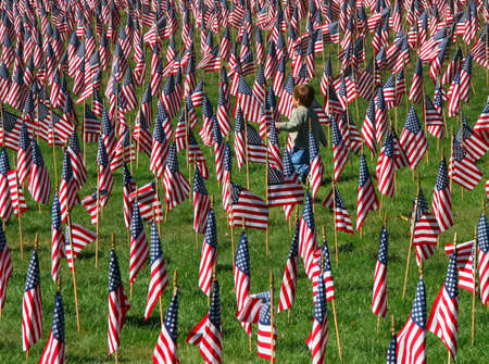 Field of American flags on the fourth of July with young boy walking throughの写真素材