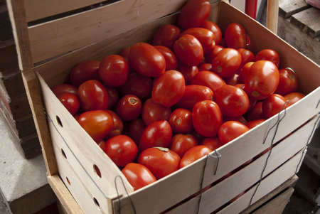 Ripe, red tomatoes in wooden crateの写真素材
