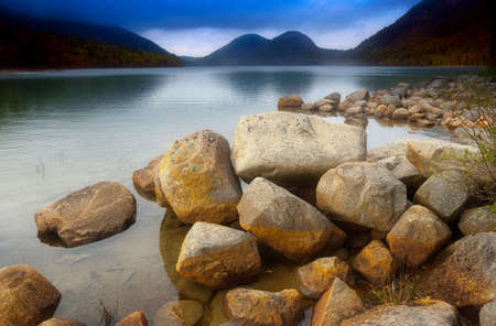 Jordan Pond, Acadia National Park, Maine, with bubble rocks on the horizon の写真素材