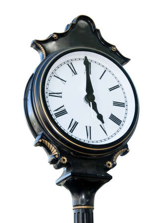 Ornate outdoor clock in black, isolated.