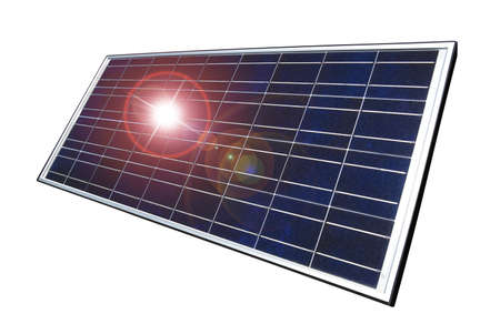 Solar panel with sun reflecting and graphic lens flare to add interest to a mundane object, isolated on whiteの写真素材