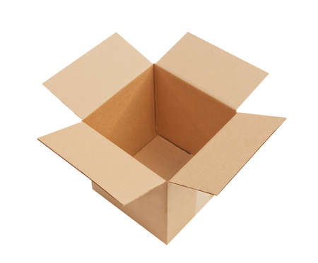 Open, empty corrugated cardboard box, isolated の写真素材