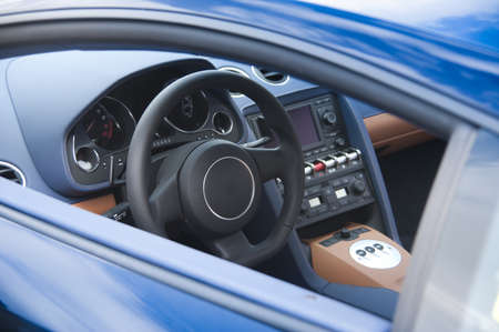 Sports car interior in blue leatherの写真素材