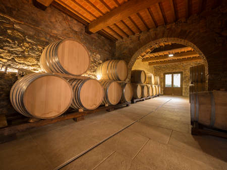 oak wine barrels stacked in a winery cellarのeditorial素材