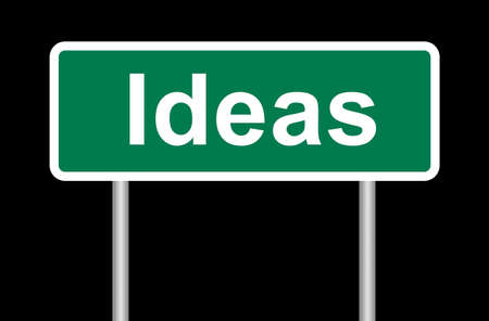 Ideas road sign on black, isolated with clipping pathの写真素材