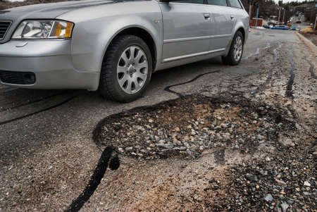 Big pothole in roadの写真素材
