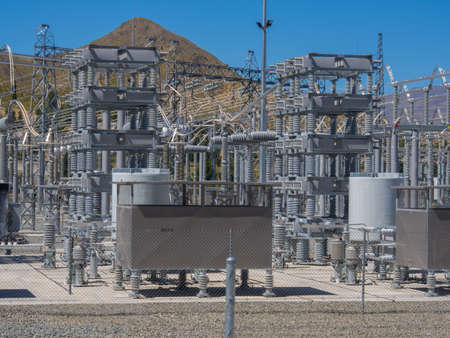 Electrical power transformers in high voltage substation.