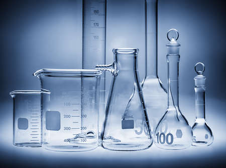 Different laboratory beakers and glassware.の写真素材