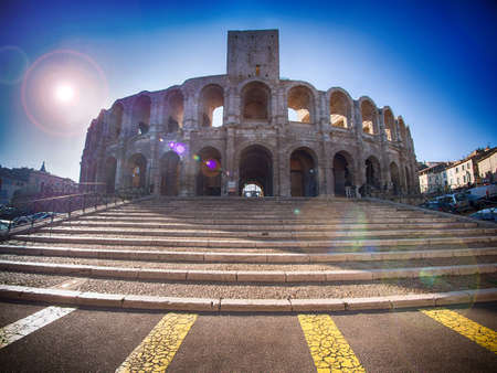 View to famous arena in Arles France. The old arena still serves as stadium for bull fights.のeditorial素材