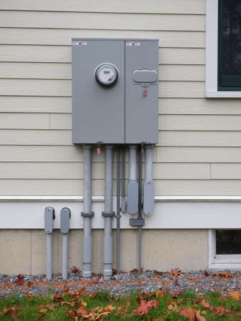 Outdoor electrical panel on new houseの写真素材