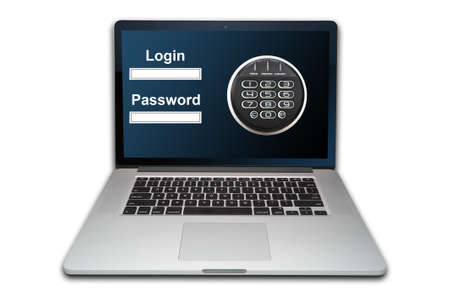 Cloud computing internet security concept laptop with combination lock isolated on white backgroundの写真素材