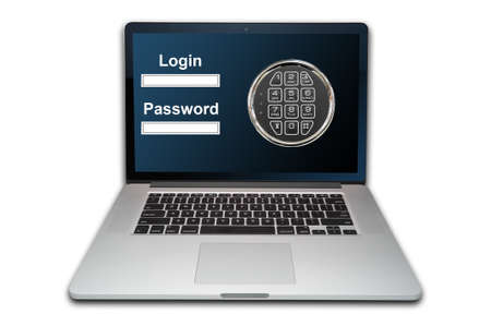 Cloud computing internet security concept laptop with combination lock isolated on white backgroundの写真素材