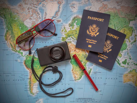 Passports on vacation travel mapの写真素材