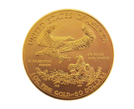 Eagles on the back of $ 50. American Liberty 1 oz. gold coin, isolatedの写真素材