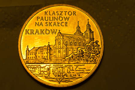 Polish payment coin minted in 2011 worth PLN 2 close-up full frame against a dark background