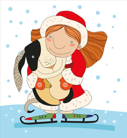 Little girl holding a dog in her armsのイラスト素材