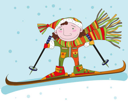 A guy in a fun scarf is skiingのイラスト素材