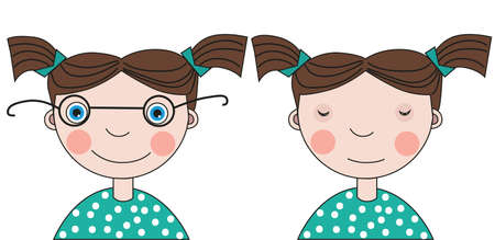 Girl with poor eyesight on the one hand and a girl with glasses on the otherのイラスト素材