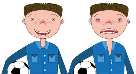 The guy with the soccer ball and the broken front tooth on one side and the guy with the healed tooth on the otherのイラスト素材