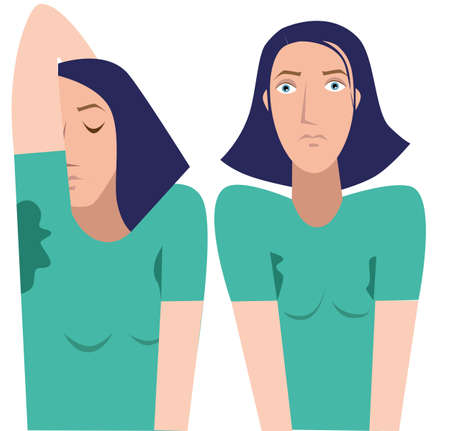 Young woman in a T-shirt with sweat stains under the armpitのイラスト素材