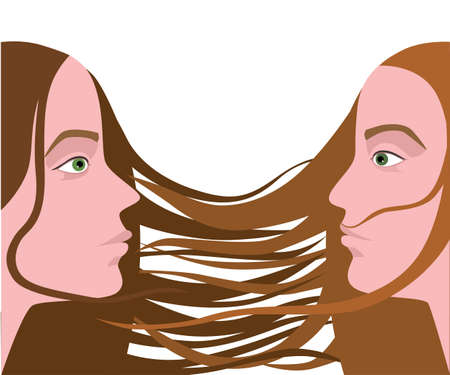 Two female profiles looking at each other on a white backgroundのイラスト素材