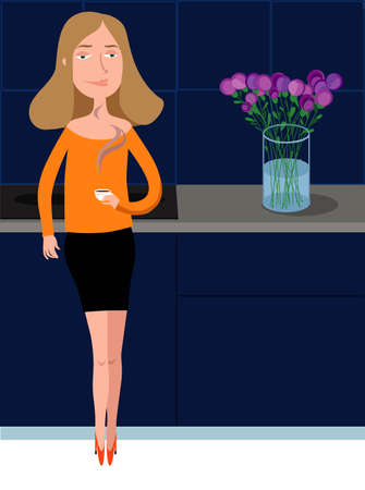 Young woman standing in the kitchen and drinking aromatic coffeeのイラスト素材