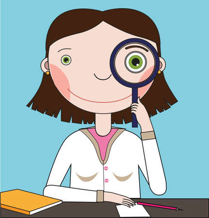 A doctor in a hospital gown sits at a table and looks through a magnifying glassのイラスト素材