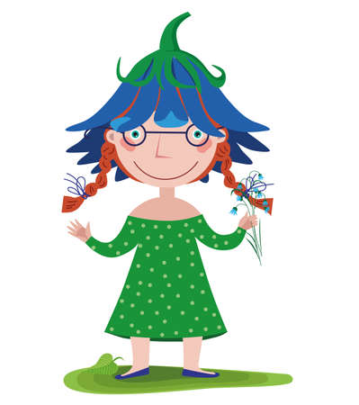 The girl in a hat in the form of a bell holds flowers in her handのイラスト素材