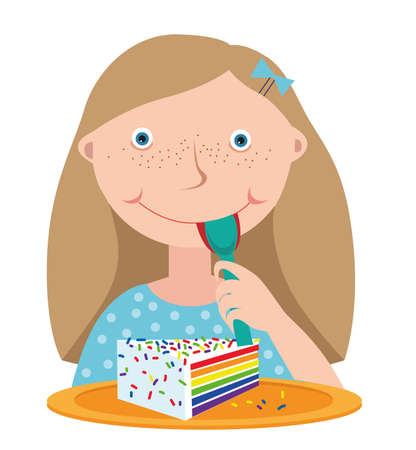 Girl with a spoon in hand in front of a large piece of cake on a white backgroundのイラスト素材