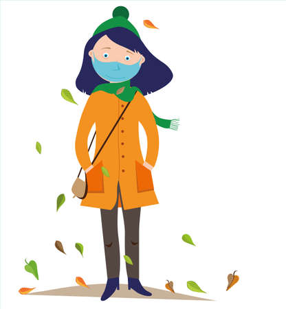 Girl in autumn clothes and a medical mask among the falling leaves on a white backgroundのイラスト素材