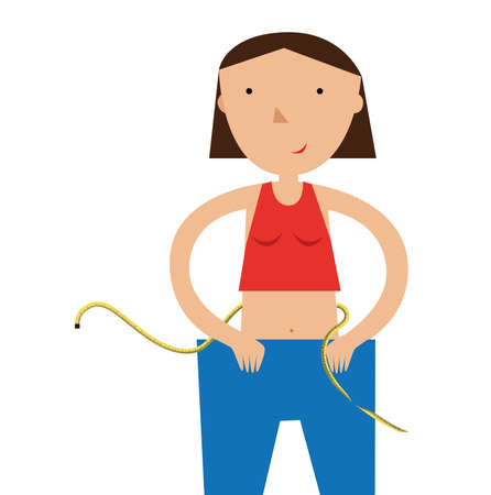 Slender girl holding huge pants on a white backgroundのイラスト素材