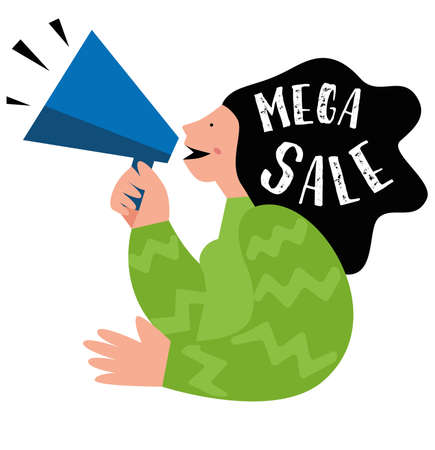 Woman speaking into a loudspeaker on a white background. Text "Mega sale"のイラスト素材
