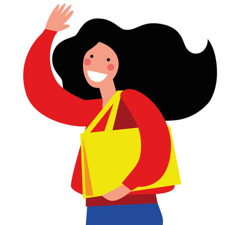 Woman with a bag smiling and waving his hand on a white backgroundのイラスト素材