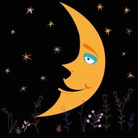 Smiling moon in the night skyのイラスト素材