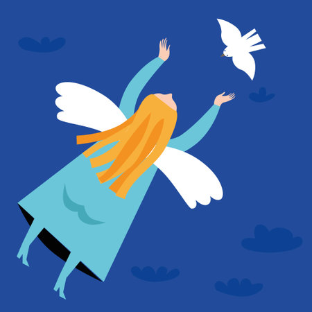 Woman flying behind a white dove on a background of sky