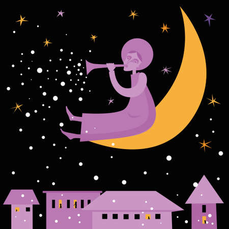 An angel sits on the moon and blows snow on the ground. Christmas illustrationのイラスト素材