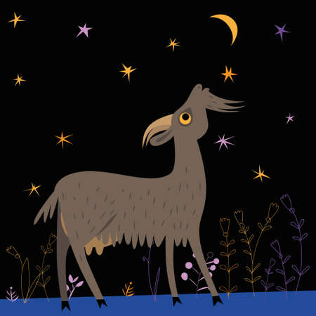 Goat looks at the moon against the night skyのイラスト素材