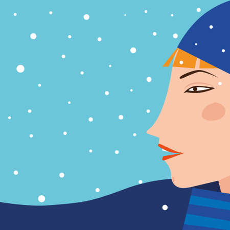 Female profile on a background of blue snowy skyのイラスト素材