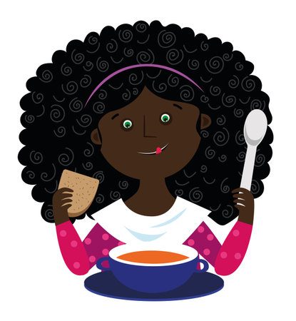 A girl with a spoon and bread in her hands in front of a plate of soupのイラスト素材