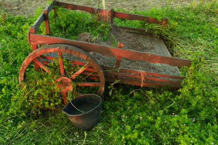 Wooden cart. retro wooden cart green grassの写真素材