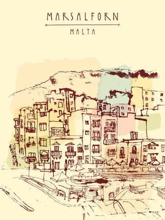 Marsalforn, Gozo island, Malta. Hand drawn vintage postcard, vector illustrationのイラスト素材