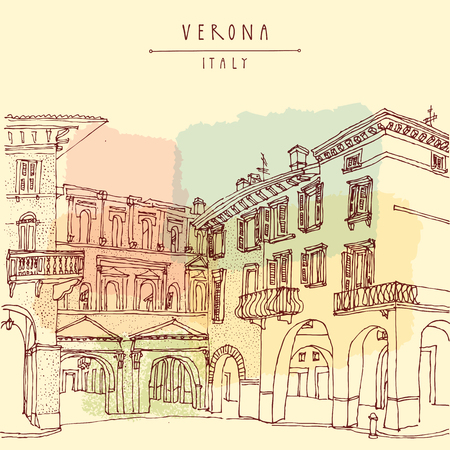 Verona, Italian city, Europe. Old historic buildings. Travel sketch. Vintage hand drawn touristic postcard or poster, vector illustrationのイラスト素材