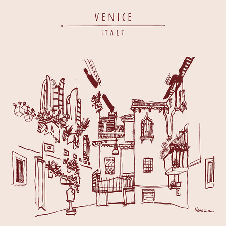 A beautiful courtyard in Venice, Italy, Europe. Monochromatic vintage hand drawn postcard. Vectorのイラスト素材