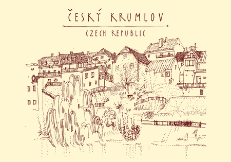 Bohemian Crumlaw Cesky Krumlov, Czech republic, Europe. Artistic illustration of old center. Historical houses, river, trees. Travel sketchy drawing, hand lettered title. Postcard poster templateのイラスト素材