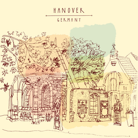Abandoned church ruins and old cemetery in Hanover, Germany, Europe. Freehand drawing. Line art. Travel sketch with hand lettering. Vintage postcard illustration template. Vectorのイラスト素材