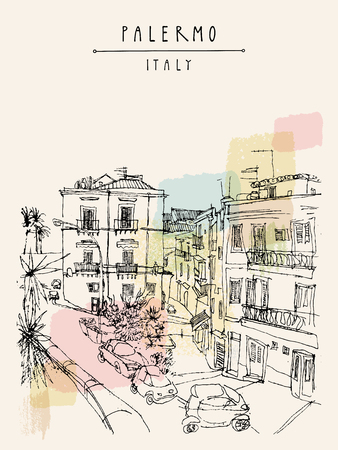 View of Palermo, Italy, Europe. Nice historical buildings, town square, car park, palm trees. Travel sketchy drawing. Touristic poster, postcard template, book illustration in vectorのイラスト素材