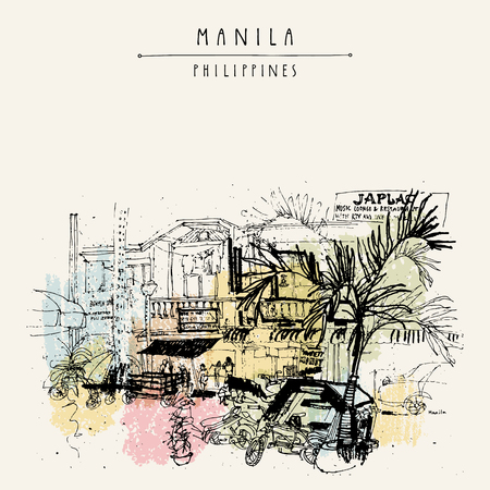 A street in the old part of Manila, Philippines, Asia. Hand drawn vintage postcard or poster template in vectorのイラスト素材