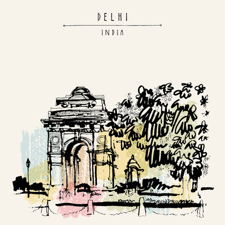 View of India Gate in Delhi, India. Vintage hand drawn postcard template. Vector illustrationのイラスト素材